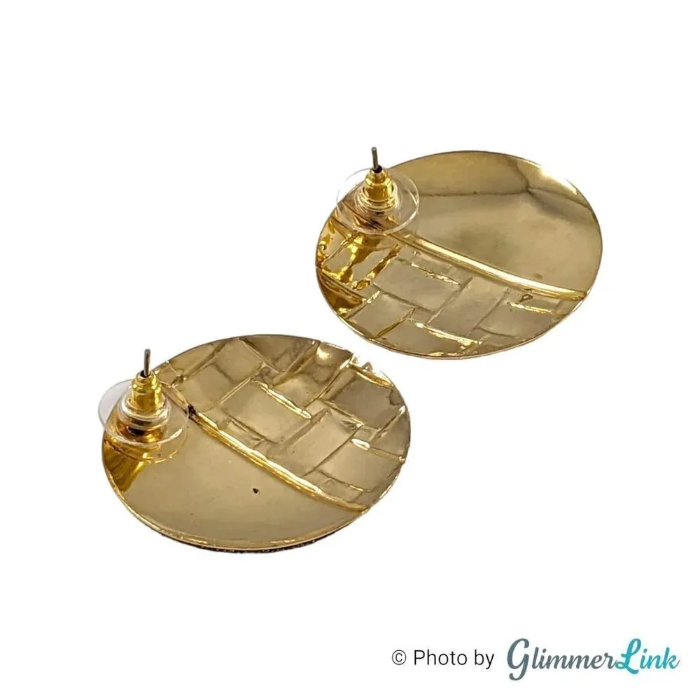 Vintage 1980s Large Circle Weave Glitter Enamel Gold Tone Pierced Earrings